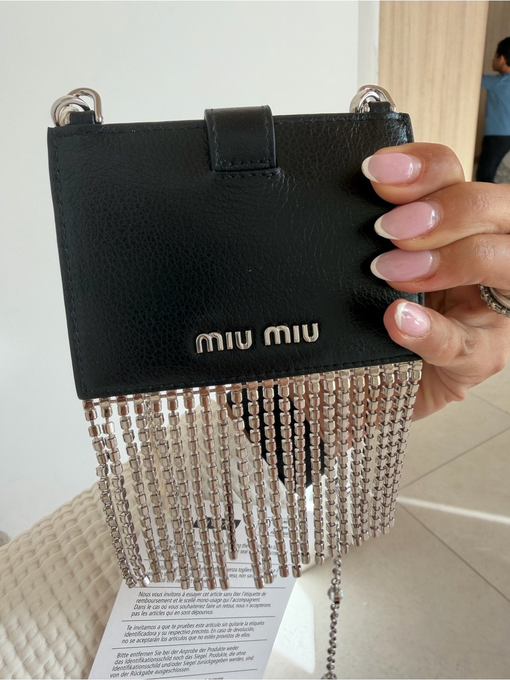Miu Miu Black Leather Mini Cardholder Bag with Silver Rhinestone Fringe